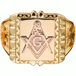 共济会徽章戒指18K黄金玫瑰金白金欧美神秘高级感个性潮男款尾戒