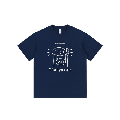 圆领短袖T恤猫咪小鱼印花音乐节