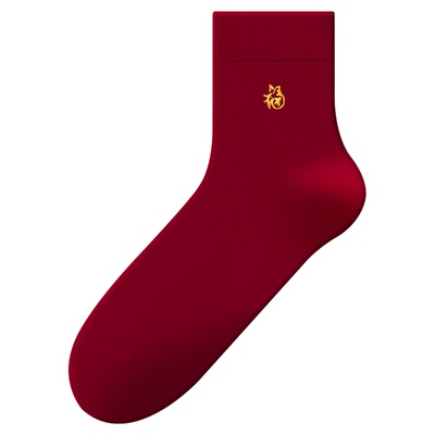 本命年酒红男士袜子七匹狼纯棉