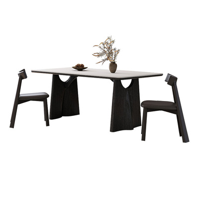 黑色复古风实木岩板飞鸦餐桌方桌