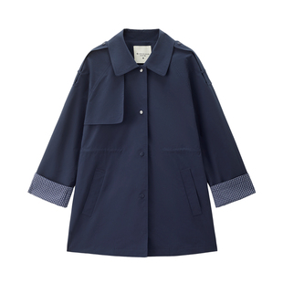 设计师款佐丹奴防风外套女装拼接格纹袖里翻领中长款风衣18375703