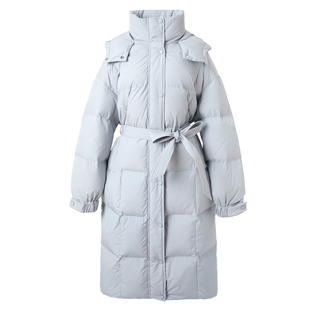 若潮大码女装2025冬季新款连帽长款羽绒鹅绒服腰带宽松御寒胖MM