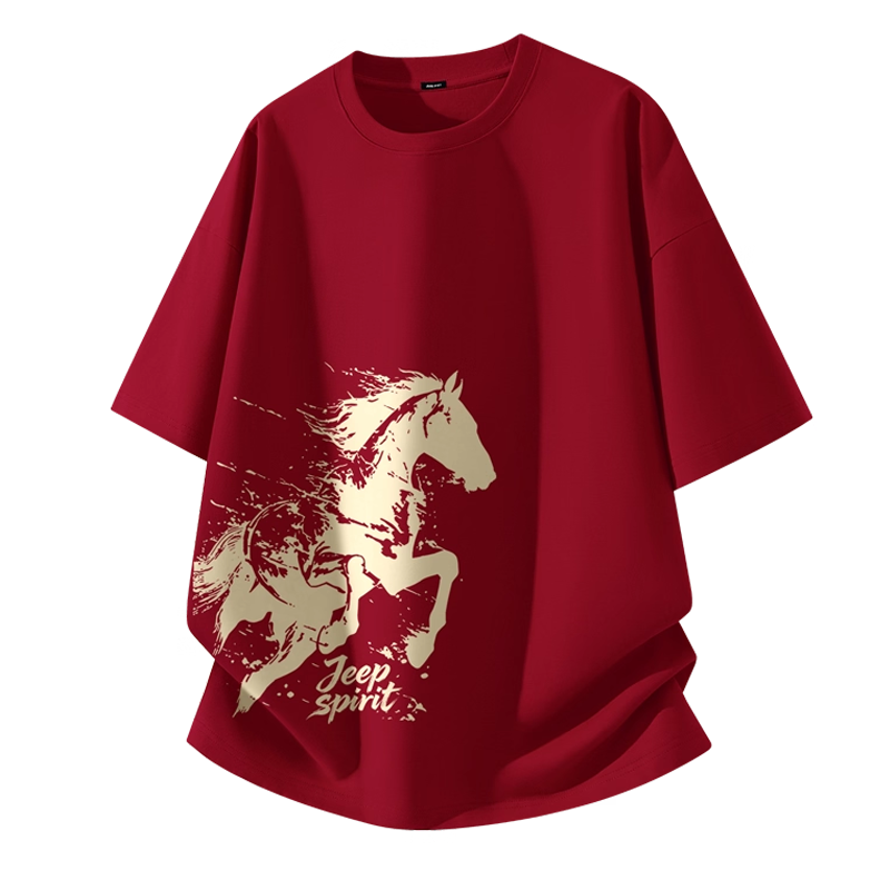 吉普JEEP马年本命年酒红色新年过年短袖衣服男女2026新款纯棉T恤R