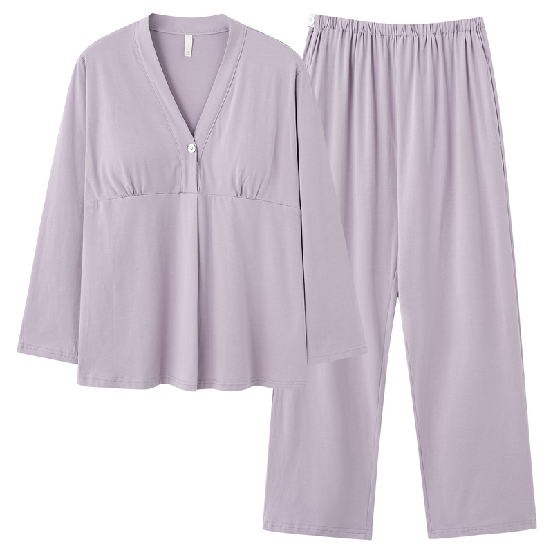 带胸垫月子服女V领长袖时尚产后哺乳睡衣春秋款孕中期家居服套装