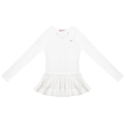 ziziFei秋冬设计感小众链条拼接蕾丝上衣长袖T恤白色针织打底衫女