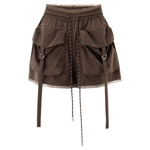 uhot/诱货26春咖色蕾丝拼接短裤女立体工装口袋甜酷百搭UWLS3D069
