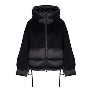 允硕新品短款连帽羽绒服拼接黑色宽松长袖大衣女上衣外套495026