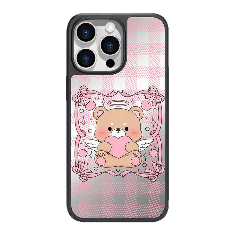 benefit粉色格纹天使小熊17适用于iphone16promax苹果15PRO镜面磁吸手机壳13新款14小米15PRO防摔三星S25