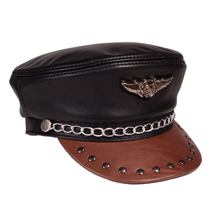 真皮帽子冬牛皮加厚保暖平顶帽鸭舌帽秋冬哈雷机车骑行帽黑色男女