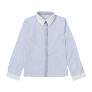 校服长袖白蓝条纹衬衫女童纯棉春秋小学生白领浅蓝衬衣表演服礼服