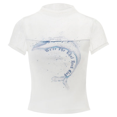 诱货夏日鲸落印花小高领T恤女