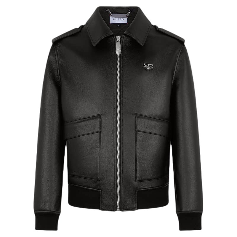 PHILIPP PLEIN 美式工装风男士秋冬皮夹克休闲飞行夹克皮衣