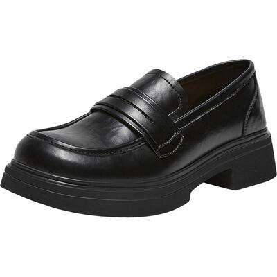 百思图春季英伦粗跟乐福鞋女