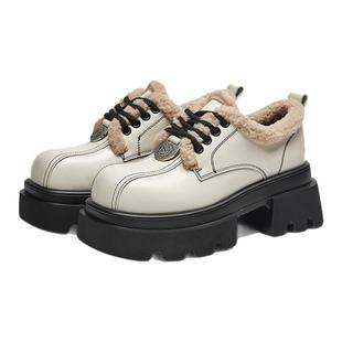 MILLIE'S/妙丽圆头厚底英伦风时尚百搭日常通勤加绒乐福鞋冬季女