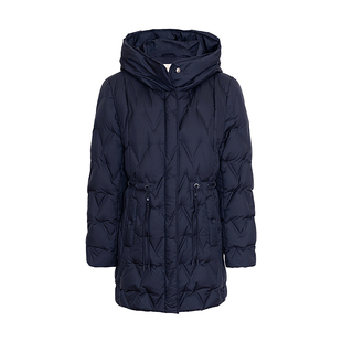 JESSIE超好看深蓝色90鸭绒连帽羽绒服女款冬季新款中长款外套