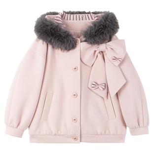 KEIKO 甜系大毛领毛呢外套女2025冬季粉色可拆蝴蝶结夹棉短款棉服