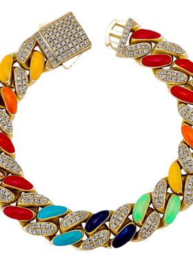 欧美嘻哈七彩14mm滴油满锆石弹簧扣实心古巴手链INS潮搭男士饰品