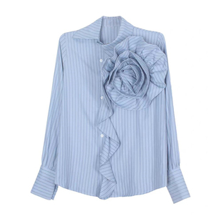 复古设计感重工立体花朵条纹衬衫长袖木耳边直筒百搭气质上衣