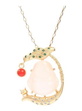 厂家销民族风高保色镀金镶嵌仿和田玉笑面佛佛公复古国潮男女项链