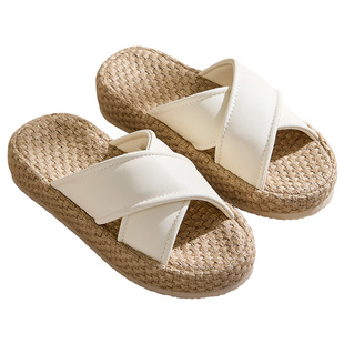 高端亚麻拖鞋女士四季通用透气室内居家用厚底办公室皮拖鞋男棉麻