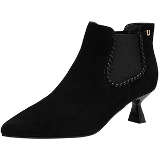 natursun细高跟时装靴女2025冬季新款复古通勤短筒靴显瘦尖春季