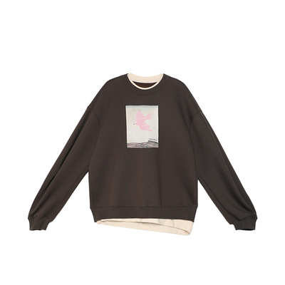 半圆女装[运动]2024冬季新款印花假两件卫衣女圆领套头高级感