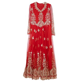 维族舞蹈演出服高档款网纱绣花修身版连衣裙新疆舞舞台表演服装女