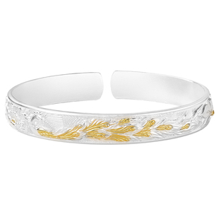 凤凰银手镯女9999纯实心款开口描金女士年轻款银镯子妈妈生日礼物