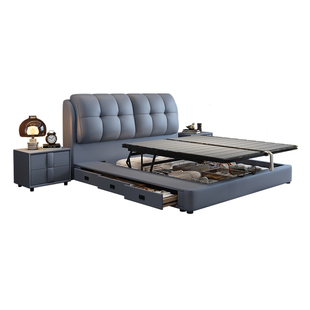 政府补贴蓝色理想现代简约主卧真皮床平移气压1.8m双人软包储物床