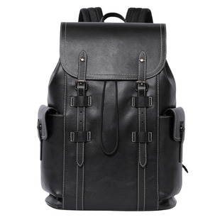 欧美风范牛皮双肩包男女款商务大背包大容量电脑包撞色线真皮书包