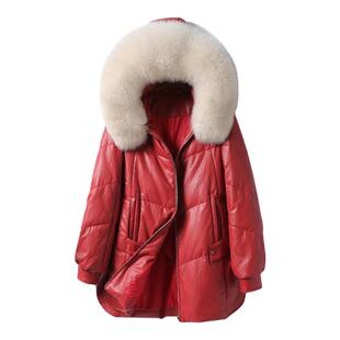 皮衣女真皮外套常规红色连帽狐狸毛领海宁新款绵羊皮羽绒服小个子