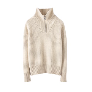 依麦融绒100%羊绒衫女大翻领拉链加厚宽松休闲毛衣针织衫闭眼入