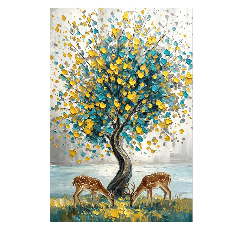 轻奢风发财树手绘油画玄关装饰画