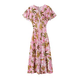 【招牌富丽绉】温婉出片 度假风V领荷叶边袖枫叶印花连衣裙女