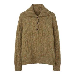 solighter 100%绵羊毛翻领套头毛衣女冬季2026新款复古绞花毛衣