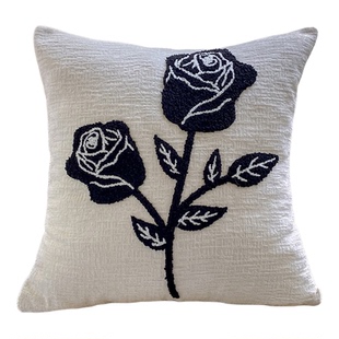 现代简约诧寂风黑白玫瑰轻奢客厅沙发抱枕装饰靠垫靠背枕套不含芯