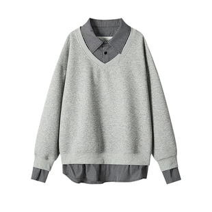 班尼路SK秋冬假两件翻领卫衣男新款V领时尚百搭条纹外套衬衫男MS