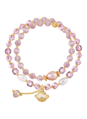 双层叠戴粉色猫眼石串珠水晶手链