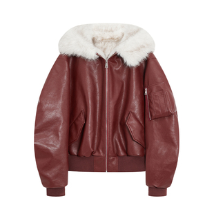 Joeyoo秋冬宽松大毛领酒红色皮衣女2025新款加厚保暖连帽外套短款