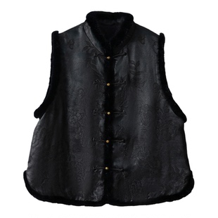 一丝牵填充100%桑蚕丝50姆米香云纱水貂毛真丝马甲棉服女新中式冬