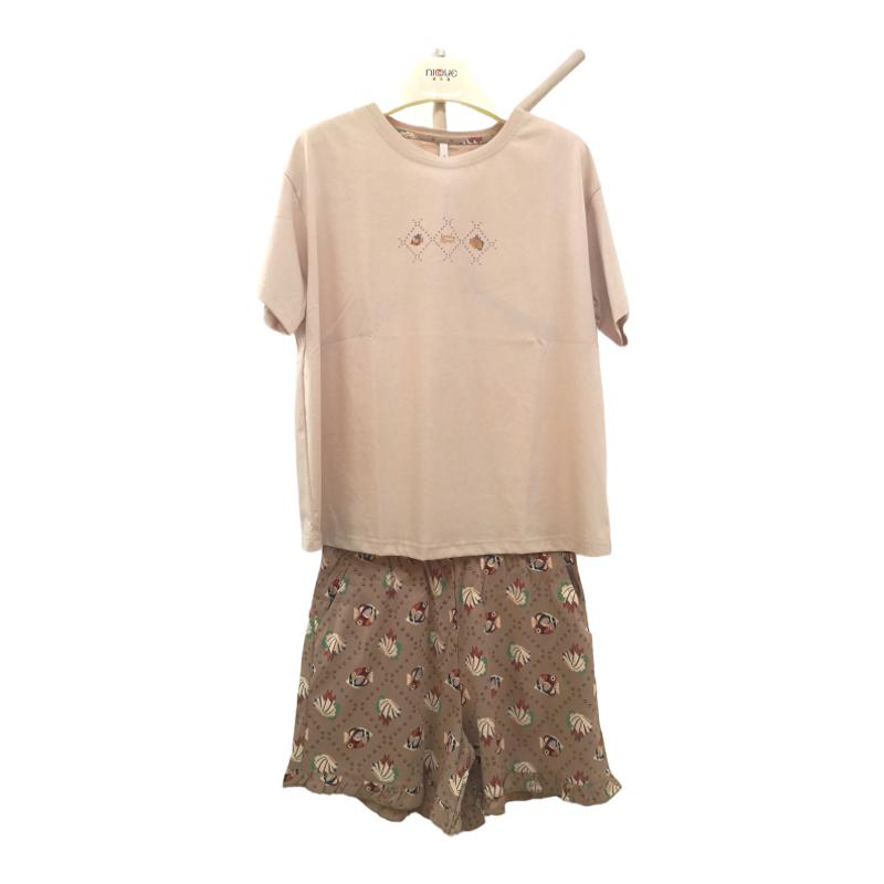 妮可雅女夏棉针织睡衣复古色宽松休闲短袖配碎花短裤家居服套装