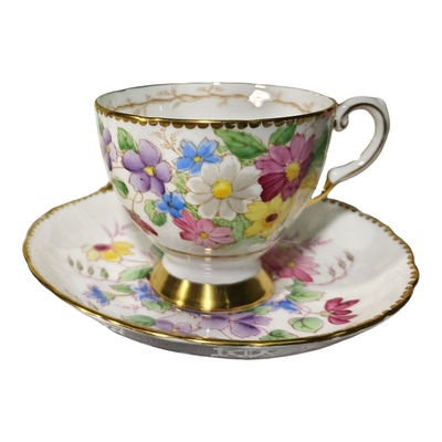 西洋古董 tuscan 托斯卡纳手绘鎏金花卉骨瓷咖啡红茶杯碟  现货