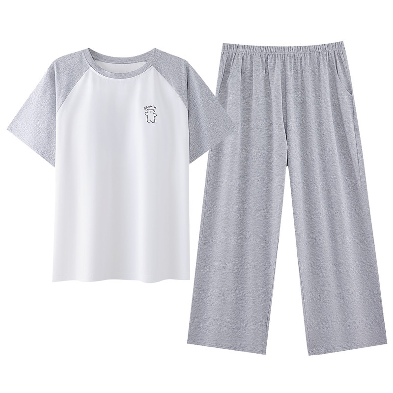 薄款睡衣女夏款青少年初中学生少女短袖长裤带胸垫家居服套装纯棉