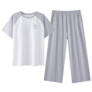 薄款睡衣女夏款青少年初中学生少女短袖长裤带胸垫家居服套装纯棉