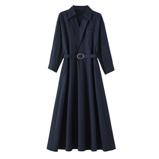 晚白2026年春新款行政蓝翻领大码衬衫裙垂感系带智性风通勤连衣裙