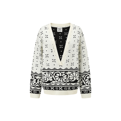 ODTD复古费尔岛深V领套头毛衣女