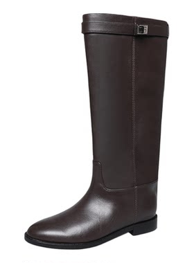 韩版真皮尖头低跟长筒骑士靴女