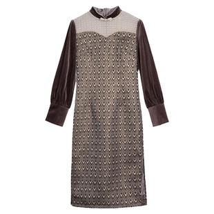 固执冬季新款轻奢文艺风修身气质丝绒拼接绛紫色改良旗袍连衣裙女