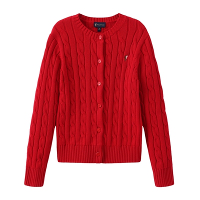 【100%棉】POLOWALK童装针织衫2025秋季新品新年儿童红色绞花开衫