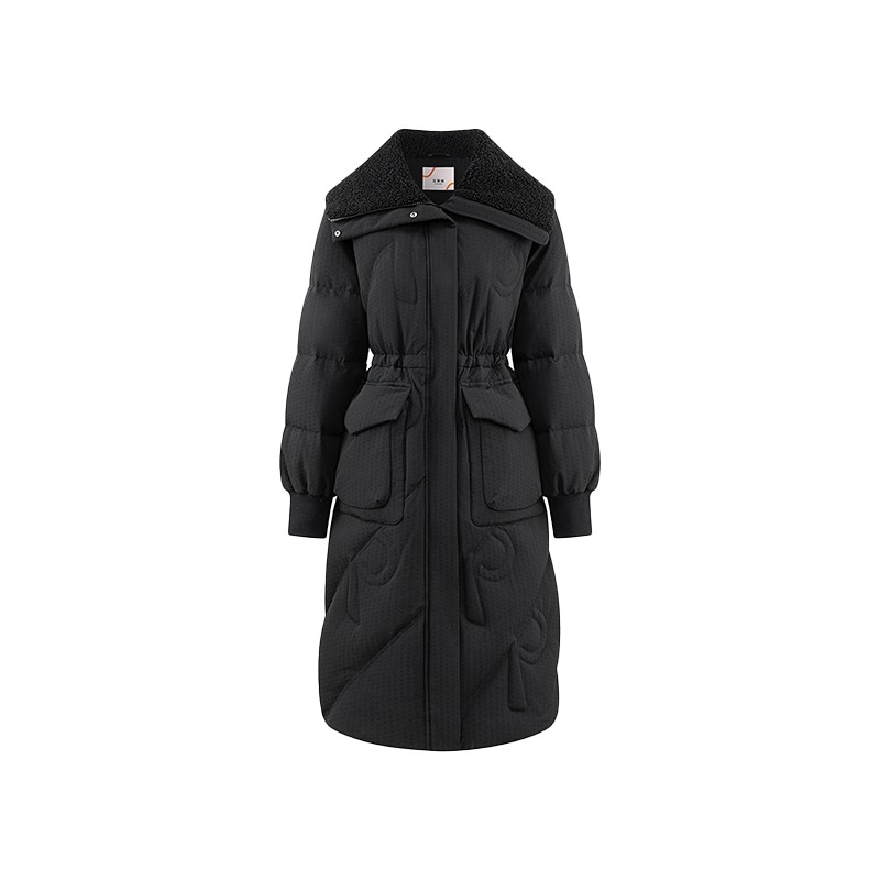 艾莱依冬季时尚羽绒服仿羊羔毛领长款加厚过膝外套